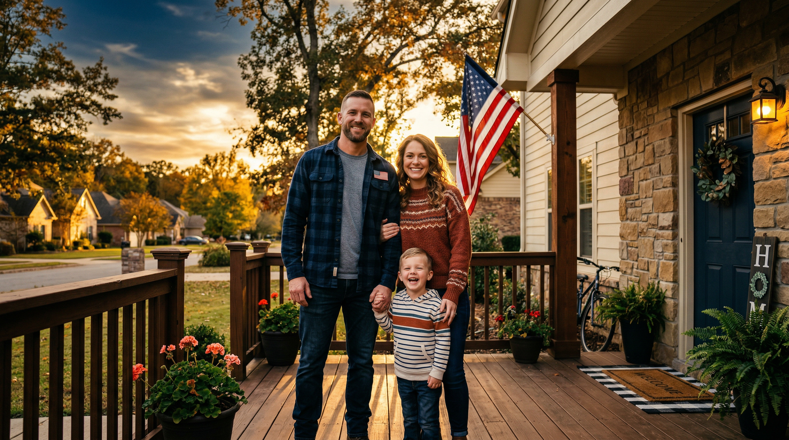 Veteran family on the porch of their new home at golden hour