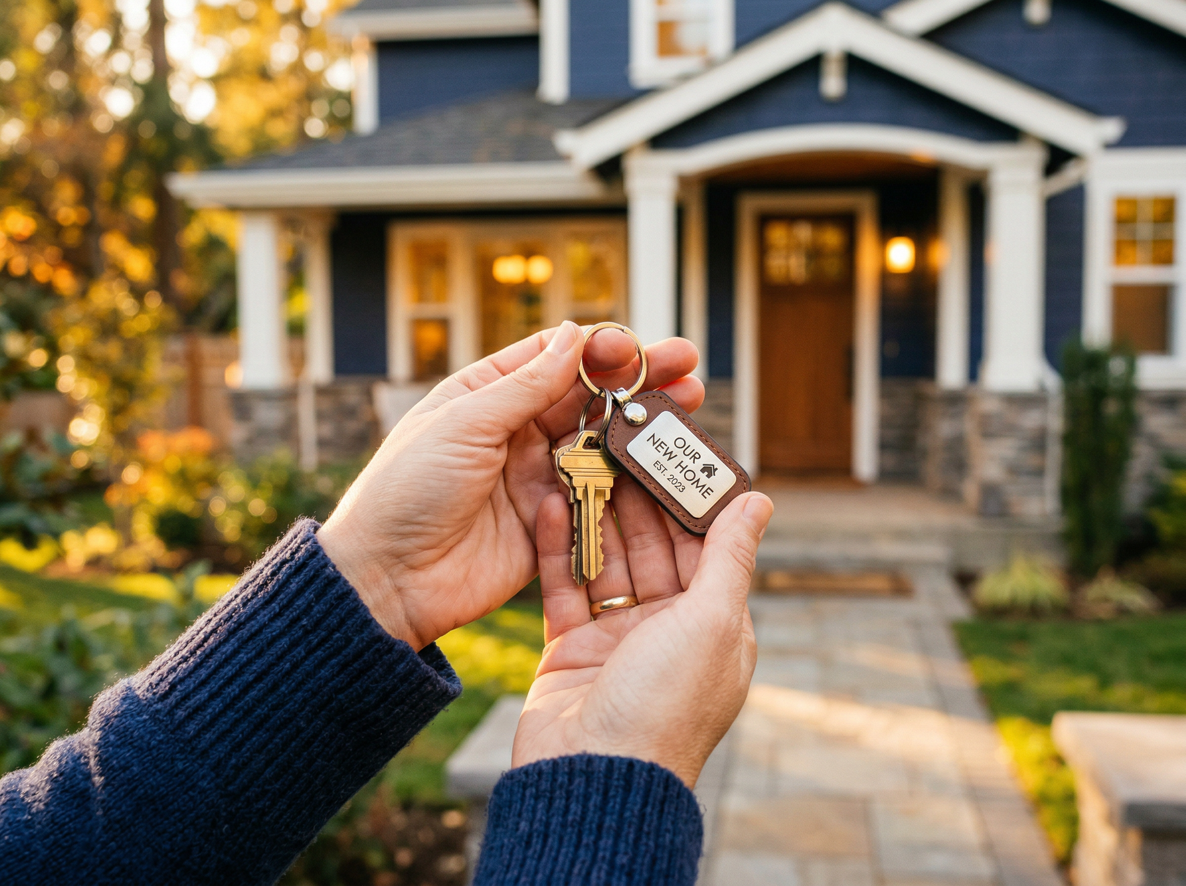 Hands holding keys in front of a new home